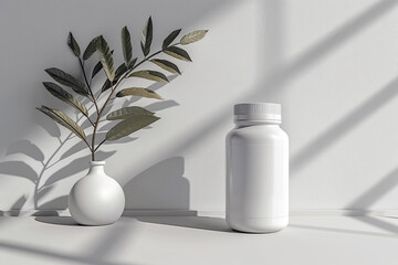Blank white medical pill bottle with cap mockup and branch of plant in white vase on background with sun shadows. Medicine plastic jar as herbal treatment concept