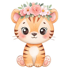 Cute baby tiger in flower crown.  Isolated watercolor illustration.