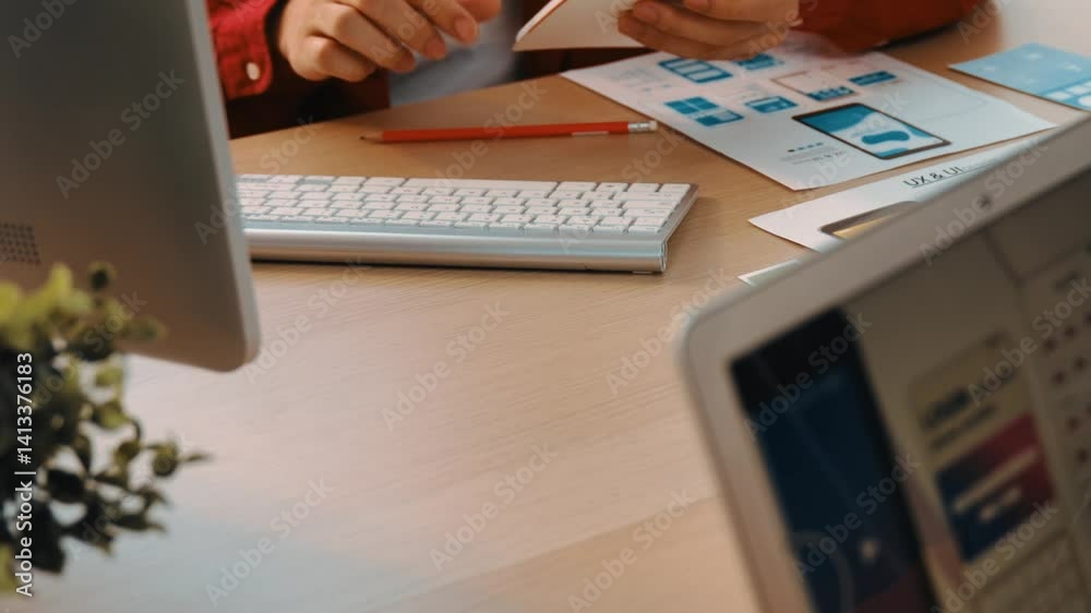 Fototapete startup company employee planning for user interface prototype for mobile application or website in 