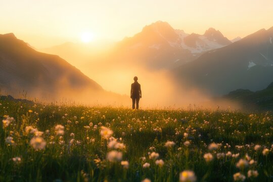 Silhouetted figure stands in a vibrant mountain meadow at sunset, bathed in golden light.