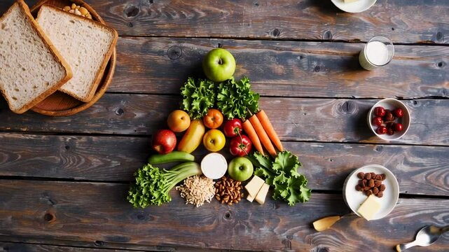Healthy food arranged in christmas tree shape on wooden table, including fruits, vegetables, grains, dairy, nuts, and bread, symbolizing a nutritious and balanced diet during festive season