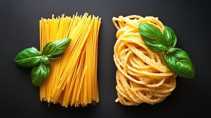 Two types of pasta, fresh and ready to cook.  Fresh spaghetti and pasta tossed with parmesan cheese and herbs