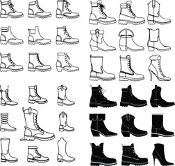 Stylish Boots Line Art | Minimal Silhouette Shoe Collection  Boots Silhouette Set | Fashion Footwear Vector Icons