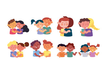Friendly Happy Kids Cuddling Together Illustration Set
