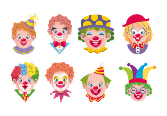 Colorful Funny Circus Carnival Faces Icons Set