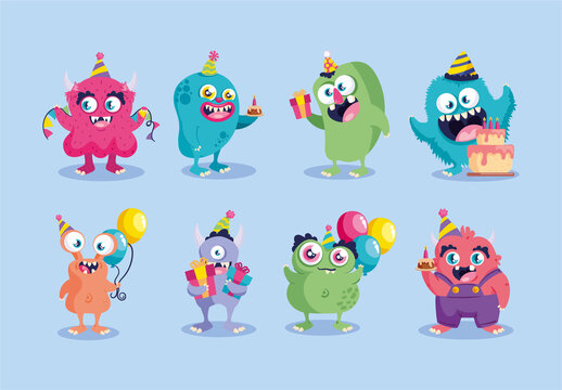 Colorful Party Monsters Celebration Characters Illustration Set
