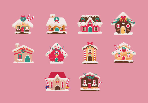 Cute Snowy Gingerbread Christmas Holiday Houses Illustration Set