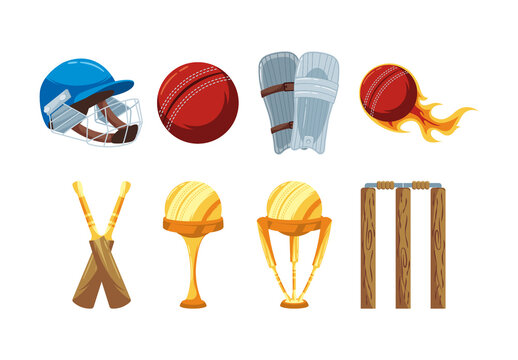 Colorful Cricket Equipment Icons Set