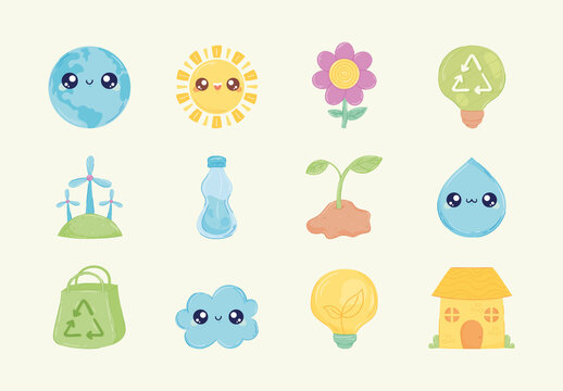 Cute Environmental Nature Icons Collection Set
