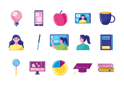 Modern Flat Educational School Elements Icons Set