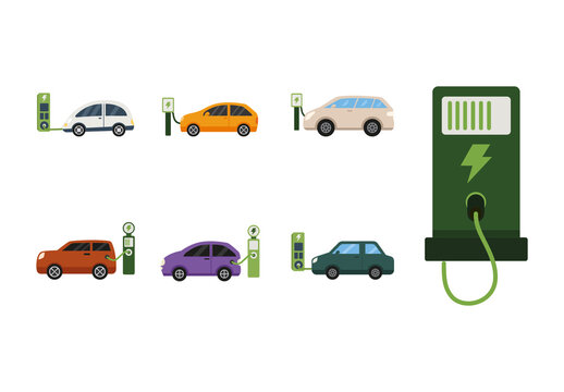 Colorful Eco Friendly Electric Vehicles Illustration Set