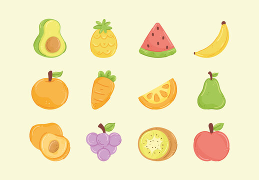 Yellow And Green Fresh Organic Healthy Fruit Illustration Set