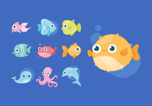 Blue And Green Ocean Wildlife Character Illustration Set