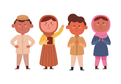 Colorful Traditional Muslim Children Character Illustration Set