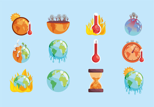 Colorful Melting Earth Climate Change Icons Set
