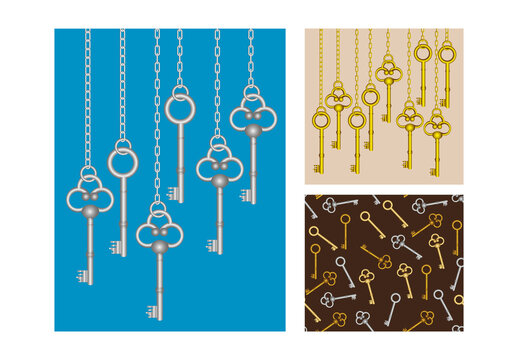 Gold And Silver Hanging Antique Keys Illustration Set