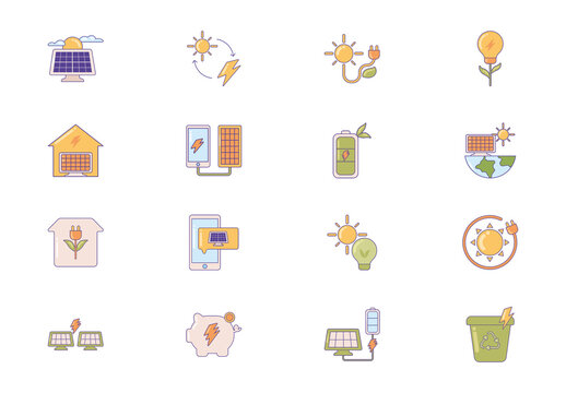 Green And Yellow Renewable Energy Electricity Icons Set