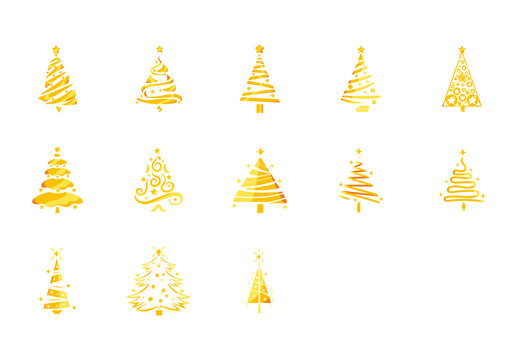 Golden Minimal Elegant Abstract Christmas Tree Icons Set