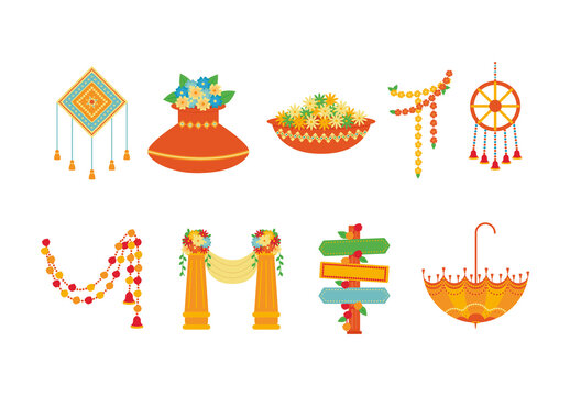 Orange Indian Wedding Decorative Ornaments Illustration Set