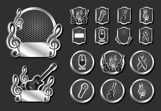 Silver And Black Metallic Music Label Icons Set