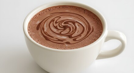 A white mug of hot chocolate with a delightful swirl on top, perfect for chilly days.