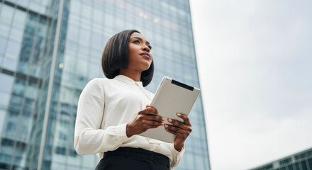 Confident african female business professional holding tablet outside modern office building