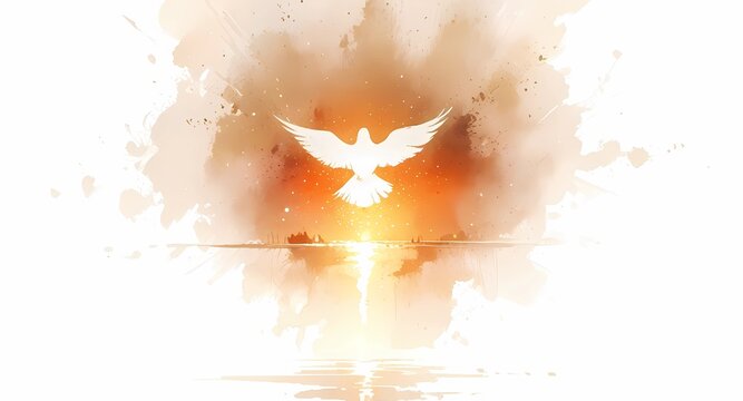 Dove flying over water at sunset peace and freedom concept illustration background