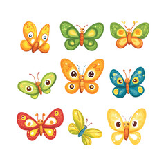 Whimsical Vector Butterfly Collection: Playful and Colorful Insect Graphics for Children's Designs and Illustrations.
