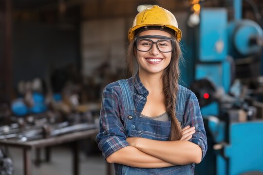 Empowered female worker in industrial setting emphasizes safe labor conditions and gender perspective in workplace health