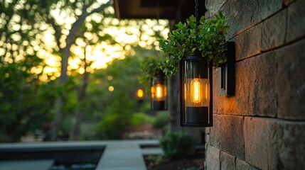 Obraz premium Outdoor wall lanterns illuminate a modern home's exterior, bathed in golden sunset light. A tranquil backyard setting with lush greenery, stonework, and a swimming pool is visible in the background