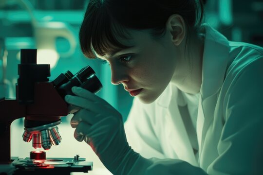A female scientist meticulously examines a sample under a microscope in a dimly lit laboratory.