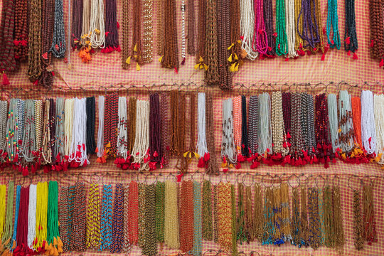 India, Uttar Pradesh, Varanasi, Bangali Tola. Beaded necklaces for sale.