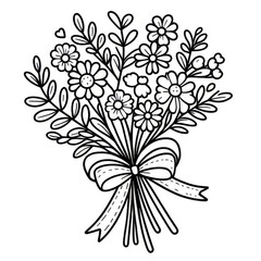 Fototapeta premium Simple flower bouquet coloring page with ribbon, monochrome line art floral design for kids and adults, black and white printable for relaxing coloring activity