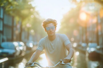Man wearing futuristic glasses rides a bicycle on a sunny street, enjoying urban commute.