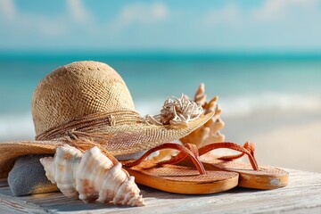Beach essentials with straw hat flip flops and seashells against a blurred ocean backdrop scene image