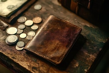 Brown leather wallet lying on wooden table with coins and banknotes