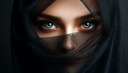 Naklejka premium A mystery unfolds in a glance, hidden behind sheer black fabric