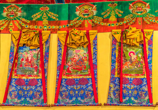 Diskit Monastery, Nubra Valley, Ladakh, India. 14th c. Tibetan Buddhist thangkas in prayer room.