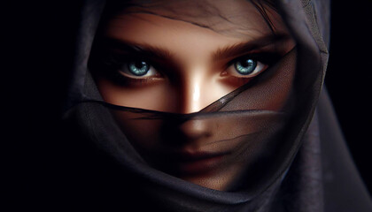 Naklejka premium A mystery unfolds in a glance, hidden behind sheer black fabric
