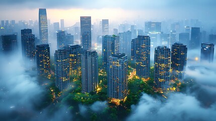 Obraz premium Cityscape shrouded in mist. Dense urban development, modern skyscrapers, lit windows, and greenery amidst a thick fog