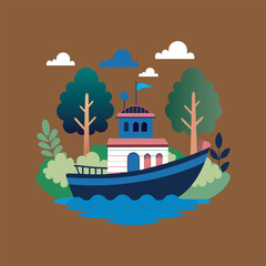 Boat in the river vector art illustration File