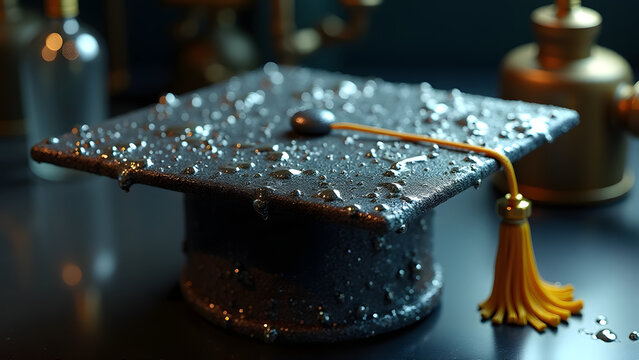 A quicksilver graduation cap with flowing veins, magnetic tassel, in a steampunk lab. Liquid metal HD realism.
