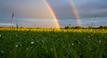 Naklejka premium A stunning double rainbow stretches across the sky, illuminating the lush, green fields.