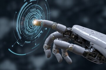 Robotic arm interacting with a digital interface showing advanced technology and future innovation systems