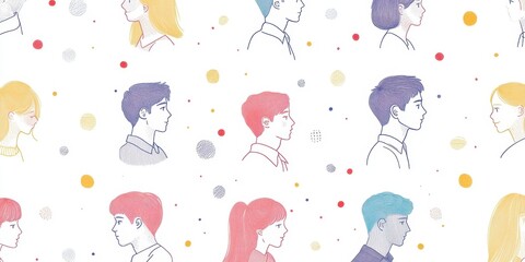 pattern of simple line drawings of people in profile, with colorful lines on a white background Generative AI