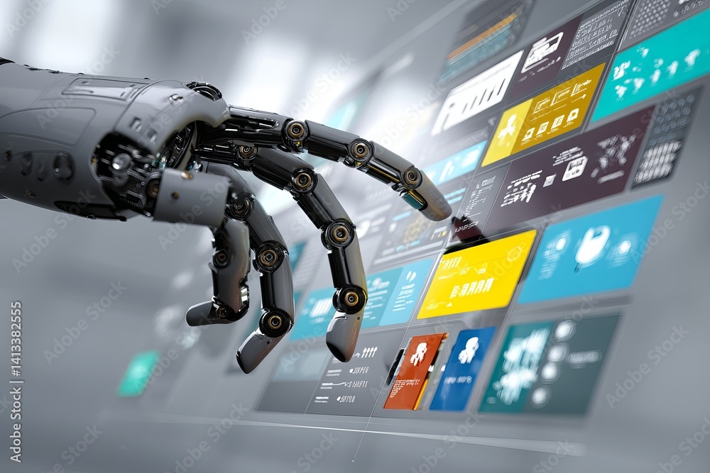 Poster robotic hand interacting with a digital interface displaying various data visualizations and icons