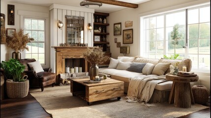 Rustic farmhouse living room with vintage decor, natural wood finishes, and a cozy, timeless charm. 