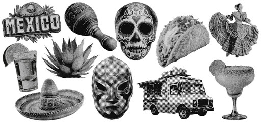 Set of mexican cinco de mayo halftone grunge vector design elements
