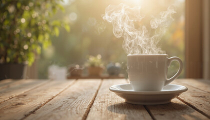 Steaming white cup of coffee on a wooden table with sunlight for a cozy vibe