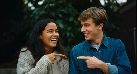 Fototapeta premium Young caucasian male and hispanic female laughing and pointing outdoors